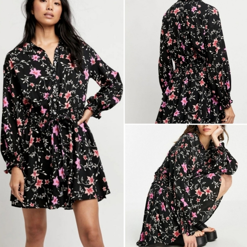 Free People Lighten Up Mini Belted Floral Dress in Black Size Small